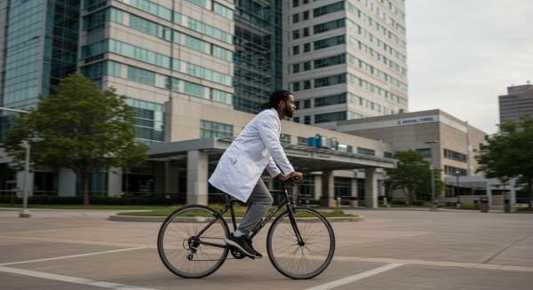 A black doctor riding a bike to the hospital #3