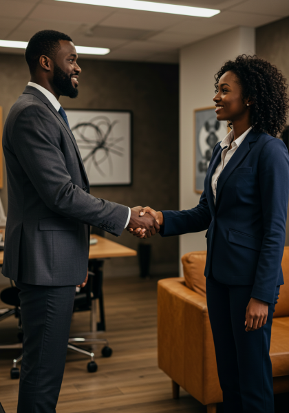 Black Businessman shaking hands with black female colleague in office
