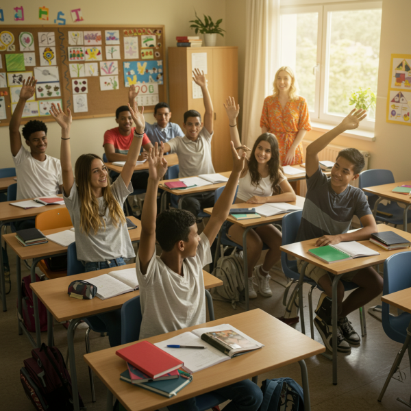 Students raising hands in a classroom