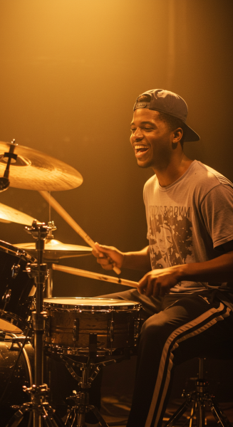 A young black man playing drums and smiling with a cap #4