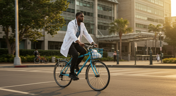 A black doctor riding a bike to the hospital #1