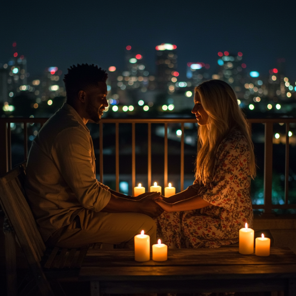 White Couple holding hands under candlelight #3