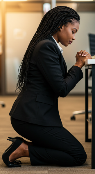 Side view of a black business woman on her knees praying