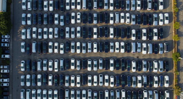 Overhead drone view of a fleet of cars #1