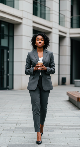 A black lady dressed in a suit walking with a cup of coffee