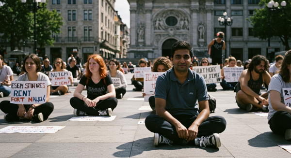 Peaceful sit-in protest with people sitting cross-legged holding signs in a city square
