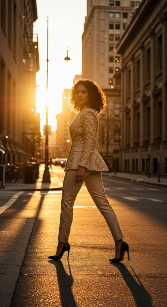 Confident woman walking on city street in high fashion outfit, golden hour lighting