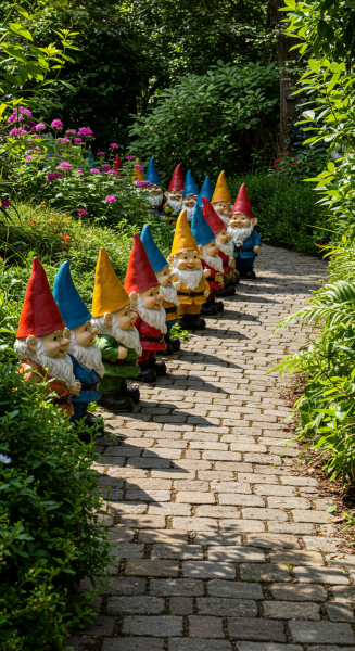 A row of colorful garden gnomes lined up along a cobblestone pathway, surrounded by greenery