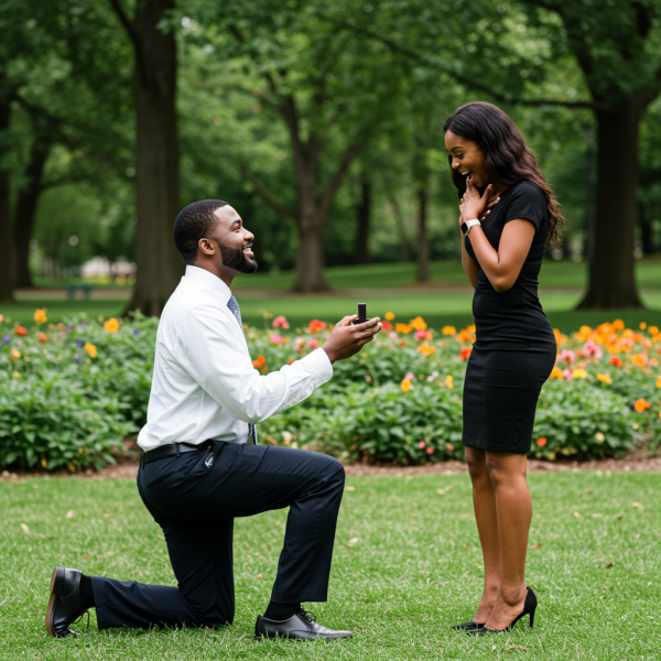 Side view of a black business man proposing to a black woman in a black dress