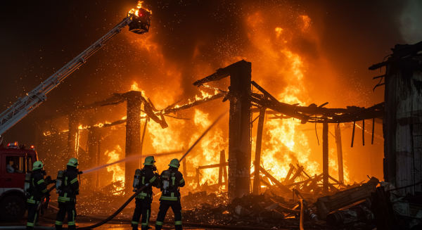 Firefighters in full gear battling massive flames in an industrial warehouse, dramatic smoke and sparks, action shot #1