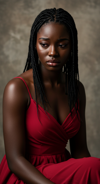 A pretty black woman in a red dress with a sad face #1