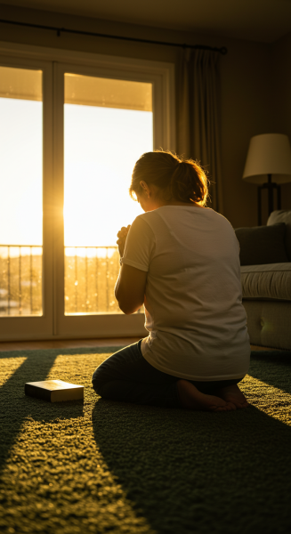 back view of a person on their knees, holding a Bible and praying #1