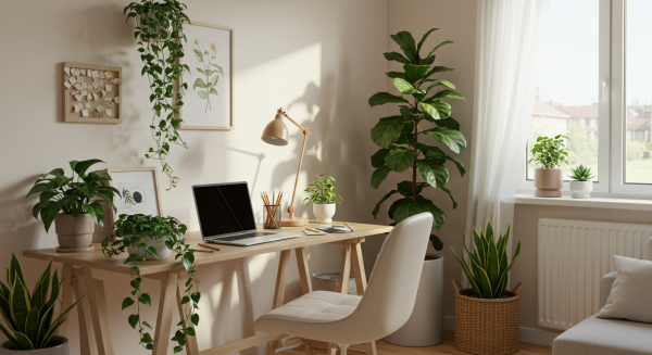 Home office setup with laptop and plants #3