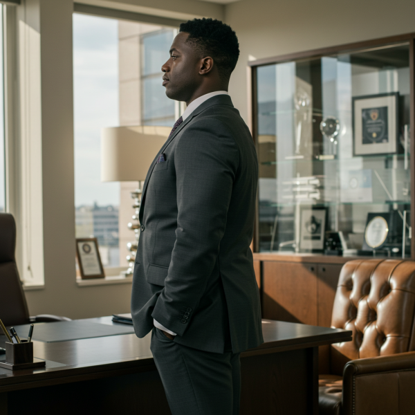 Side view of a black business man standing in his office
