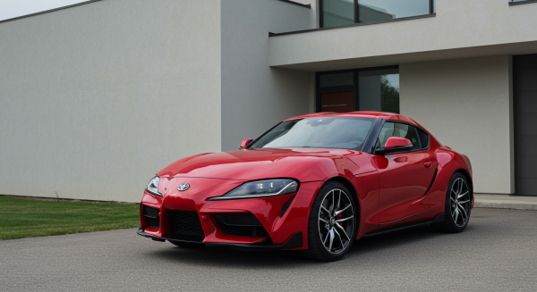 A new red Toyota sports car parked in front of a house