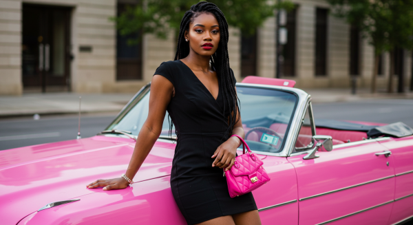 A black fashion woman standing by her pink car with a pink bag