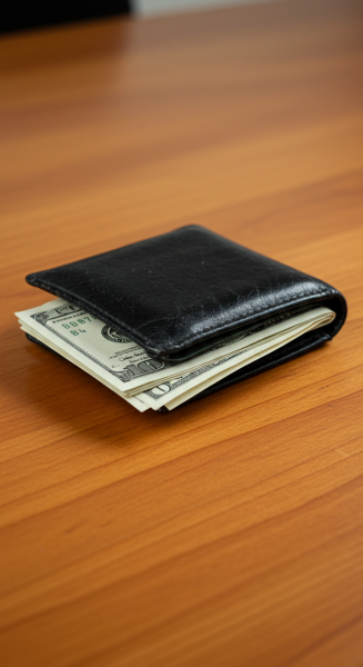 A photo of money in a black wallet on a desk