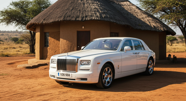 A new white Rolls Royce car parked in front a house in Africa #4