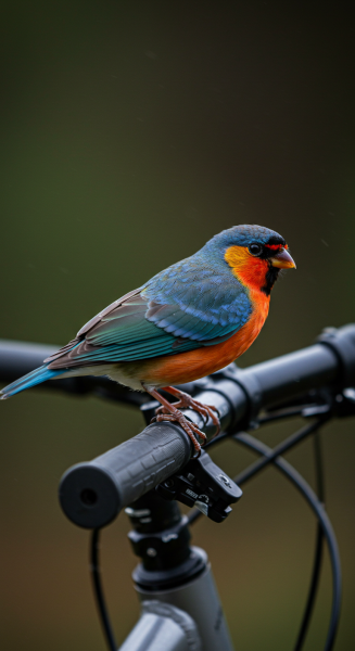 A cute bird standing on a bike handle