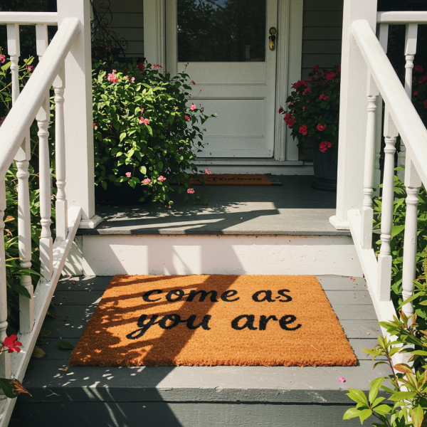 A doormat on a porch. the doormat says "come as you are" #2