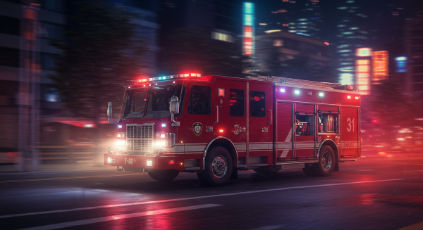 A modern red fire truck with flashing lights speeding through a city street at night, cinematic lighting, ultra-realistic #1