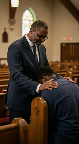 A Black Pastor praying for a young man on his knees #2