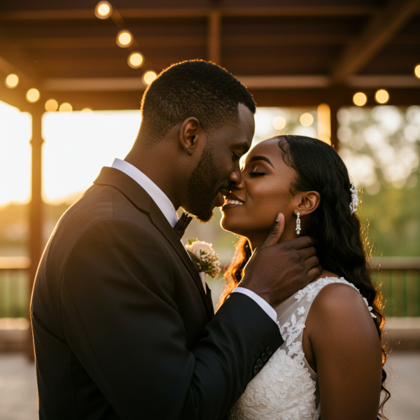 A close-up photo of a black bride and groom at a wedding about to kiss