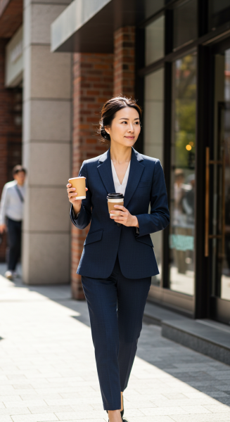 An Asian lady dressed in a suit walking with a cup of coffee #3