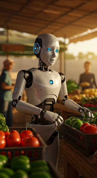 A humanoid robot in the market