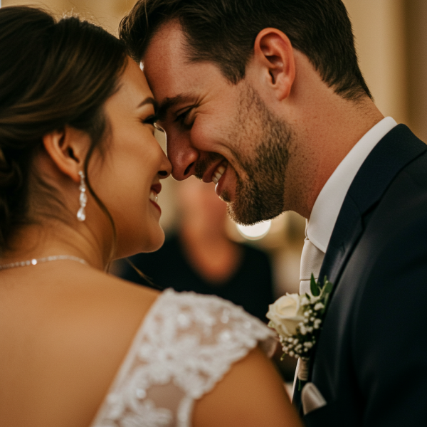 A close-up photo of a bride and groom at a wedding