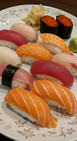 A vibrant plate of sushi beautifully arranged