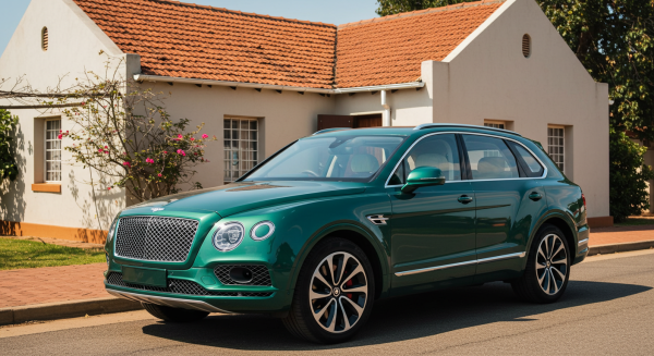 A new green Bentley parked in front a house #1