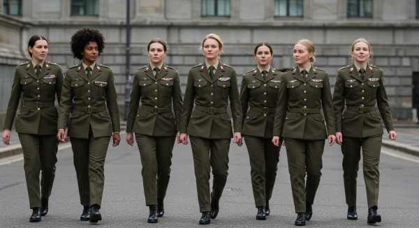 Women in military uniform walking confidently #1