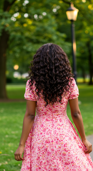 Back view of a pretty black woman in a pink flowered dress #1