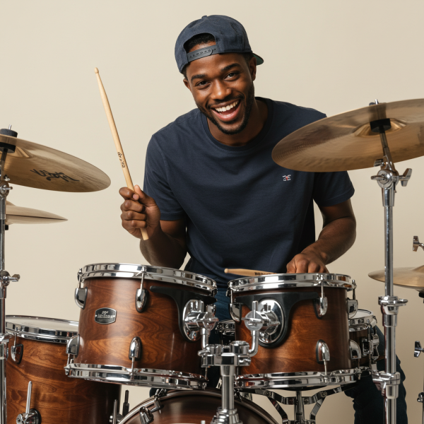 A young black man playing drums and smiling with a cap #3