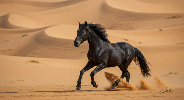 A powerful black stallion running across a desert #2