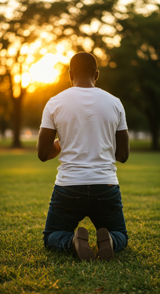Back view of a black person on their knees praying