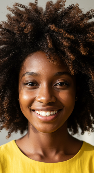 Close-up portrait of a smiling African teenage girl with natural hair