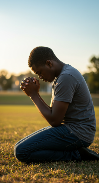Side view of a black person on their knees praying