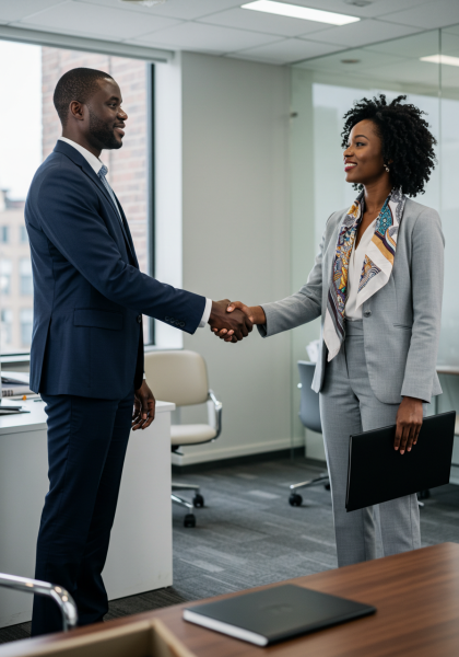 Black Businessman shaking hands with black female colleague in office