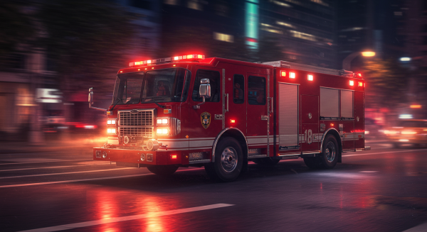 A modern red fire truck with flashing lights speeding through a city street at night, cinematic lighting, ultra-realistic #3