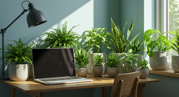 Home office setup with laptop and plants #2
