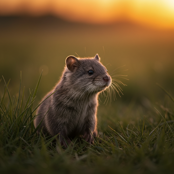 a cute otter zebra mouse in a field at sunset