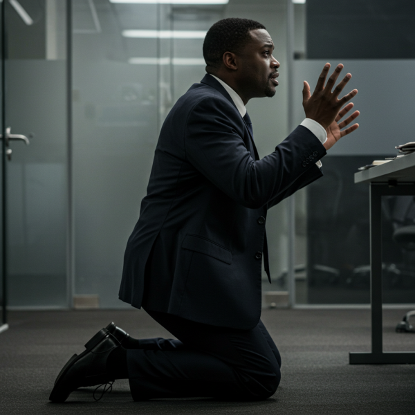 Side view of a black business man on his knees praying