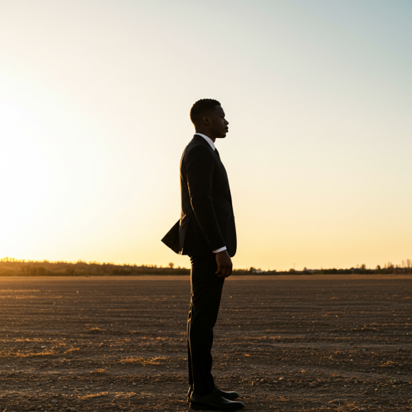 Side view of a black business man standing in the middle of nowhere
