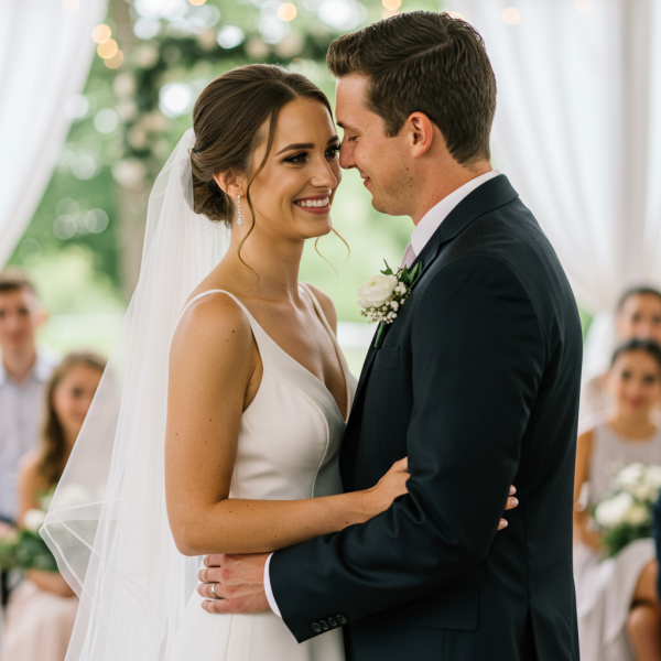 A close-up photo of a bride and groom at a wedding