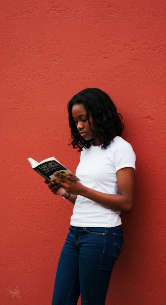 A young black woman reading a book while standing by a red wall #3