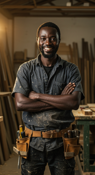 A black carpenter with his arms folded