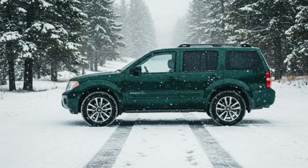 A green SUV parked on the road on a snowy day #2