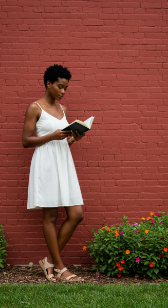 A young black woman reading a book while standing by a red wall #2
